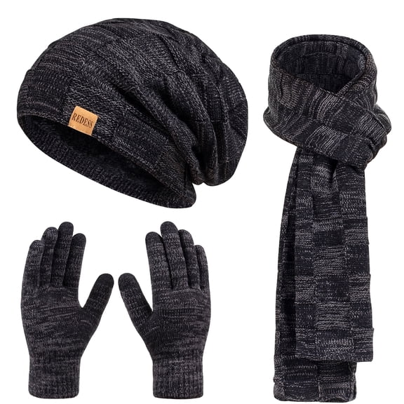 REDESS Men's Winter Beanie Hat Scarf & Glove Sets for Adult,Knit Slouchy Thick Skull Hats and Glove Set-Black