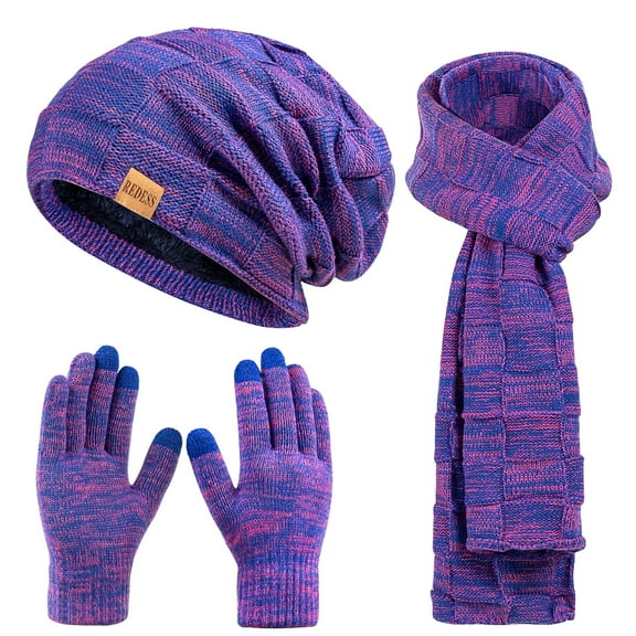 REDESS Men's Winter Beanie Hat Scarf & Glove Sets for Adult,Knit Slouchy Thick Skull Hats and Glove Set-Blue&Rose