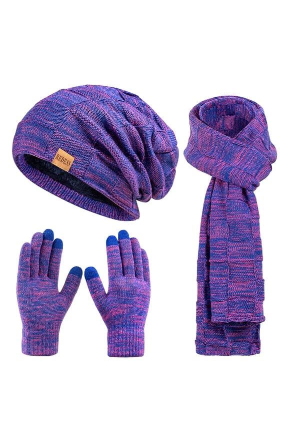 Men's Winter Beanie Hat Scarf & Glove Sets for Adult,Knit Slouchy Thick Skull Hats and Glove Set-Blue&Rose