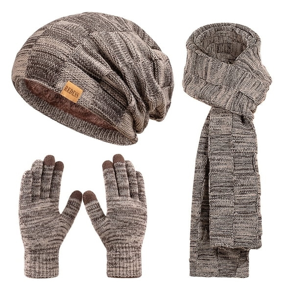 REDESS Men's Winter Beanie Hat Scarf & Glove Sets for Adult,Knit Slouchy Thick Skull Hats and Glove Set-Brown