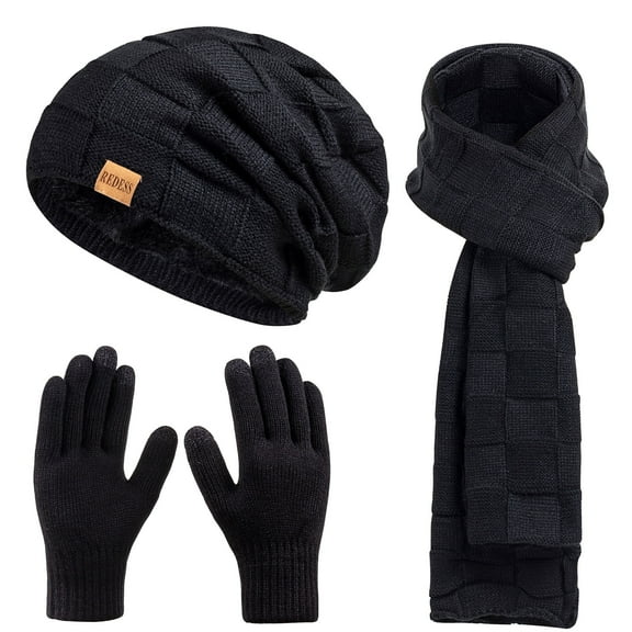 REDESS Men's Winter Beanie Hat Scarf & Glove Sets for Adult,Knit Slouchy Thick Skull Hats and Glove Set-Pure Black