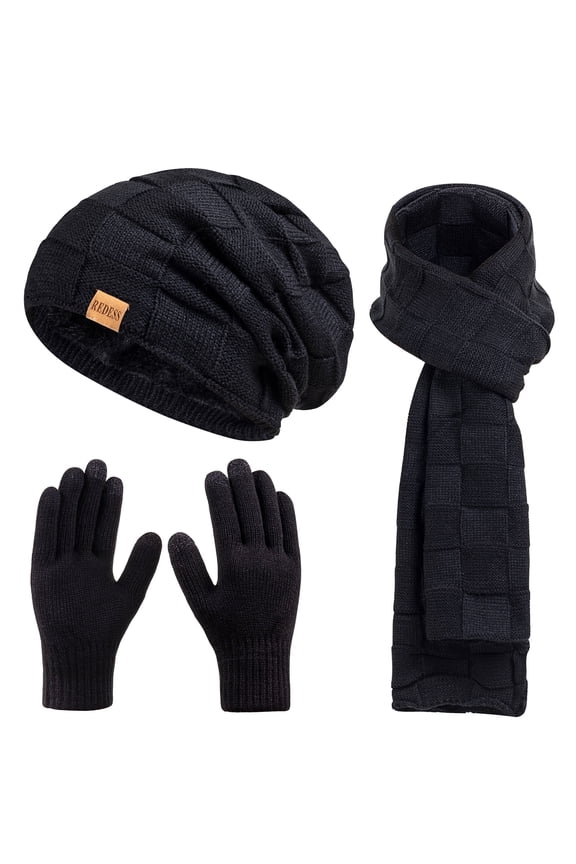 Men's Winter Beanie Hat Scarf & Glove Sets for Adult,Knit Slouchy Thick Skull Hats and Glove Set-Pure Black