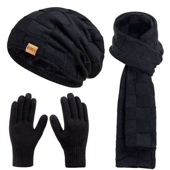 REDESS Men's Winter Beanie Hat Scarf & Glove Sets for Adult,Knit Slouchy Thick Skull Hats and Glove Set-Pure Black