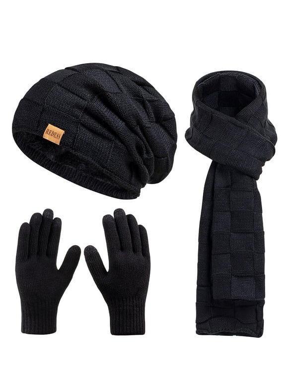 Men's Winter Beanie Hat Scarf & Glove Sets for Adult,Knit Slouchy Thick Skull Hats and Glove Set-Pure Black
