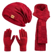 REDESS Men's Winter Beanie Hat Scarf & Glove Sets for Adult,Knit Slouchy Thick Skull Hats and Glove Set-Wine Red