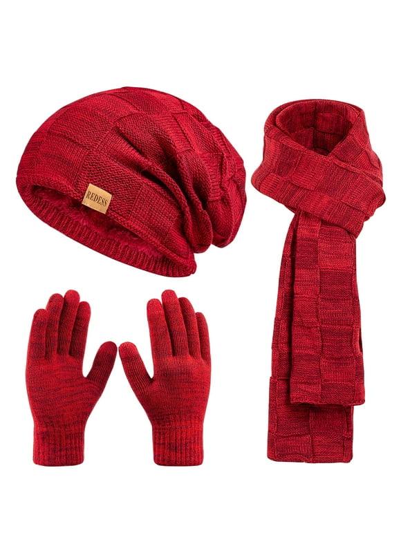 Men's Winter Beanie Hat Scarf & Glove Sets for Adult,Knit Slouchy Thick Skull Hats and Glove Set-Wine Red