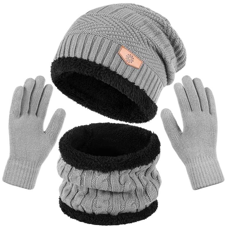 3 in 1 Winter Beanie Hat Scarf Gloves Set Fleece Lined Touchscreen qolati 3 Piece Winter Beanie Hat Scarf Touchscreen Gloves  main image 2
