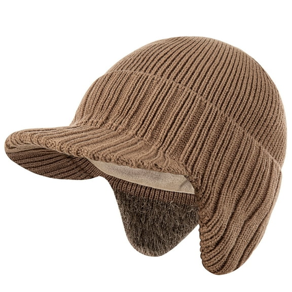 REDESS Men's Fleece Lined Knit Winter Beanie Hat with Visor and Earflaps, Black