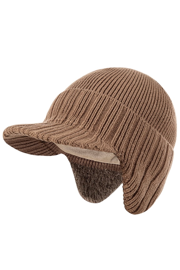 Men's Fleece Lined Knit Winter Beanie Hat with Visor and Earflaps, Black
