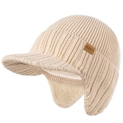 REDESS Mens Fleece Lined Knit Winter Beanie Hat with Visor and Earflaps, Black