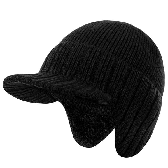 REDESS Men's Fleece Lined Knit Winter Beanie Hat with Visor and Earflaps, Black