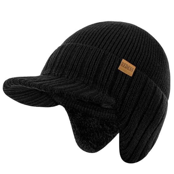 REDESS Men's Fleece Lined Knit Winter Beanie Hat with Visor and Earflaps, Black
