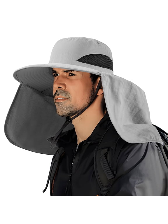 Nylon Fishing Hat for Men and Women,UPF50+ Sun Hat with Neck Flap,Light Grey