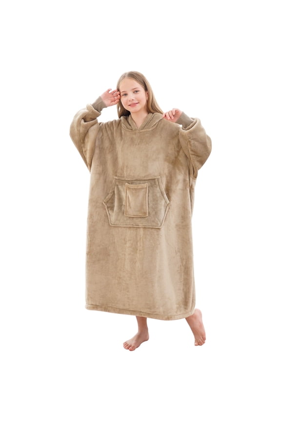 Oversized Wearable Blanket Hoodie Sweatshirt for Unisex Boy and Girl-Brown