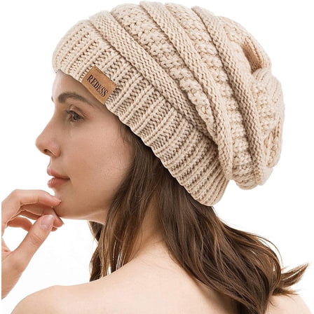 REDESS Slouchy Beige Beanie Hat for Women Winter Warm Knit Cap
