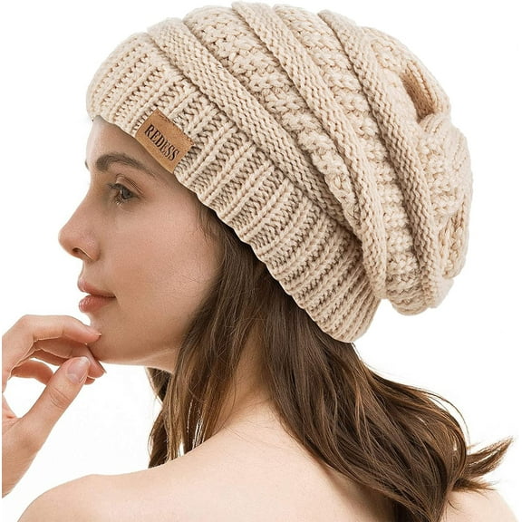 REDESS Slouchy Beige Beanie Hat for Women Winter Warm Knit Cap