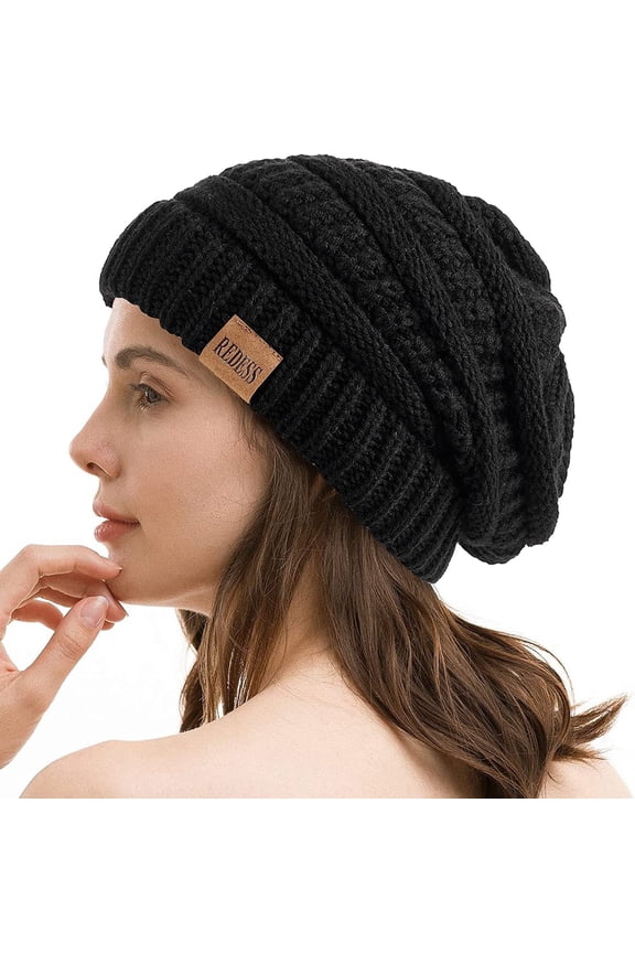 Slouchy Black Beanie Hat for Women Winter Warm Knit Cap