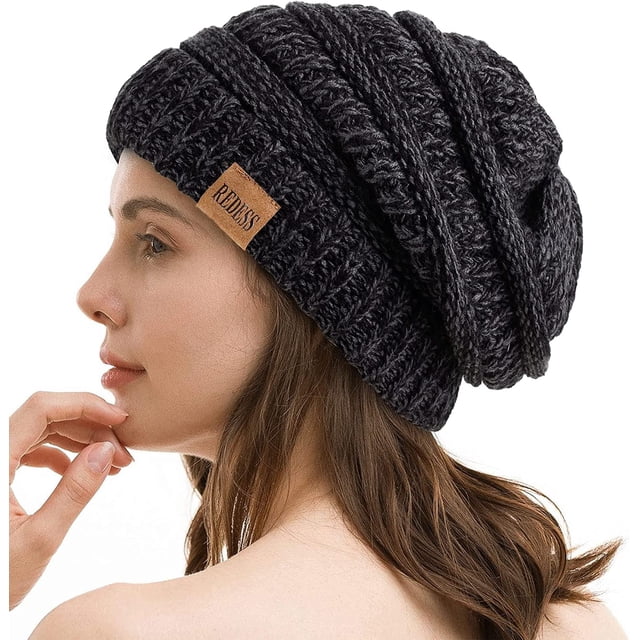 REDESS Slouchy Black&Grey Arcylic Beanie Hat for Women Winter Warm Knit Cap