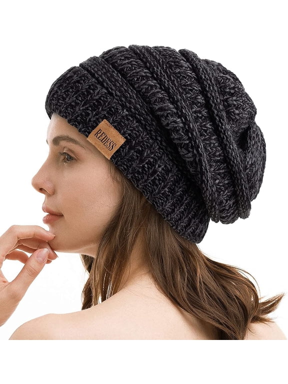 Slouchy Black&Grey Arcylic Beanie Hat for Women Winter Warm Knit Cap
