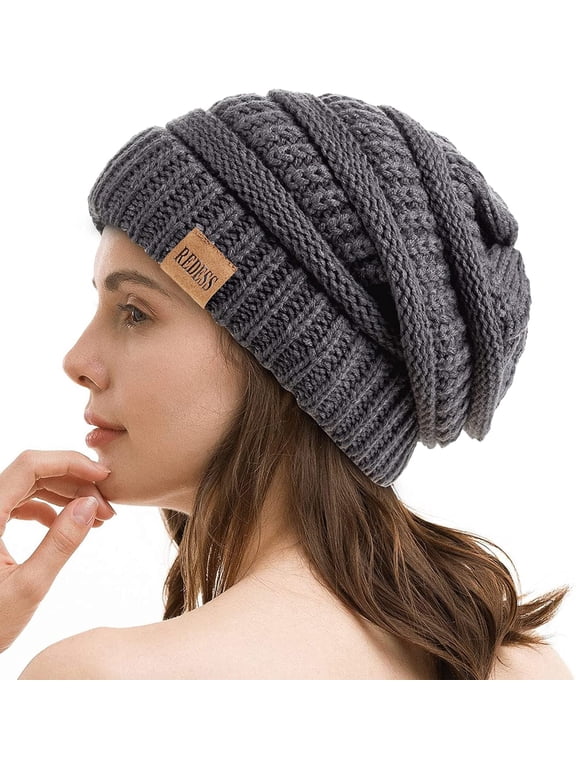 Slouchy Dark Grey Beanie Hat for Women Winter Warm Knit Cap