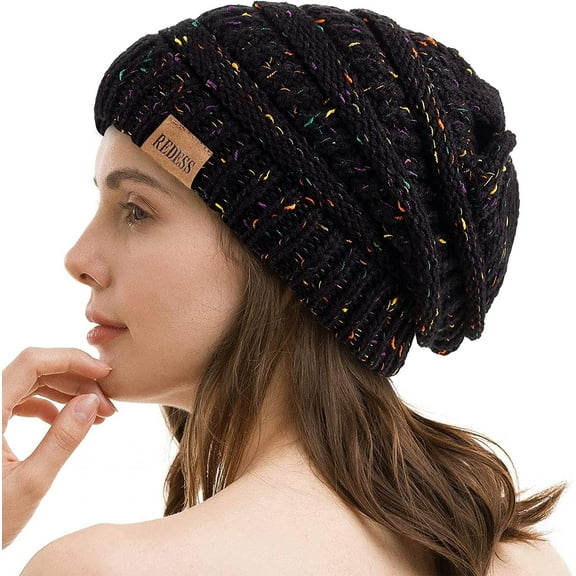 REDESS Slouchy Dot Black Beanie Hat for Women Winter Warm Knit Cap