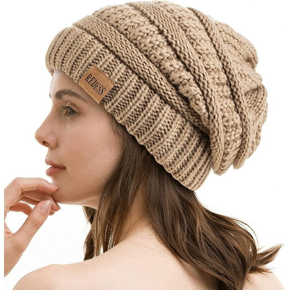 REDESS Slouchy Khaki Beanie Hat for Women Winter Warm Knit Cap
