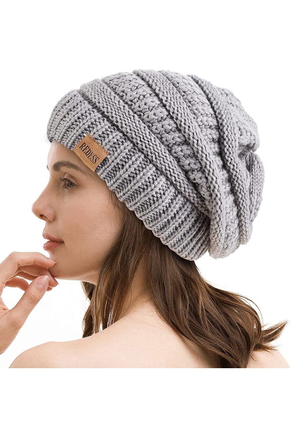 Slouchy Light Gray Beanie Hat for Women Winter Warm Knit Cap