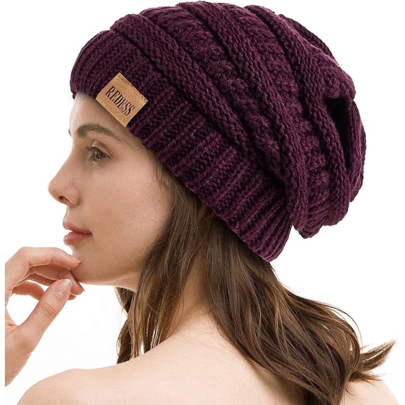 REDESS Slouchy Purple Beanie Hat for Women Winter Warm Knit Cap