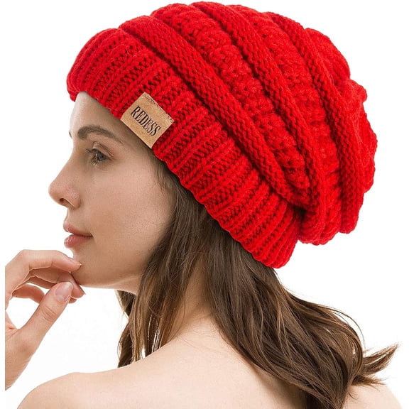 REDESS Slouchy Red Beanie Hat for Women Winter Warm Knit Cap