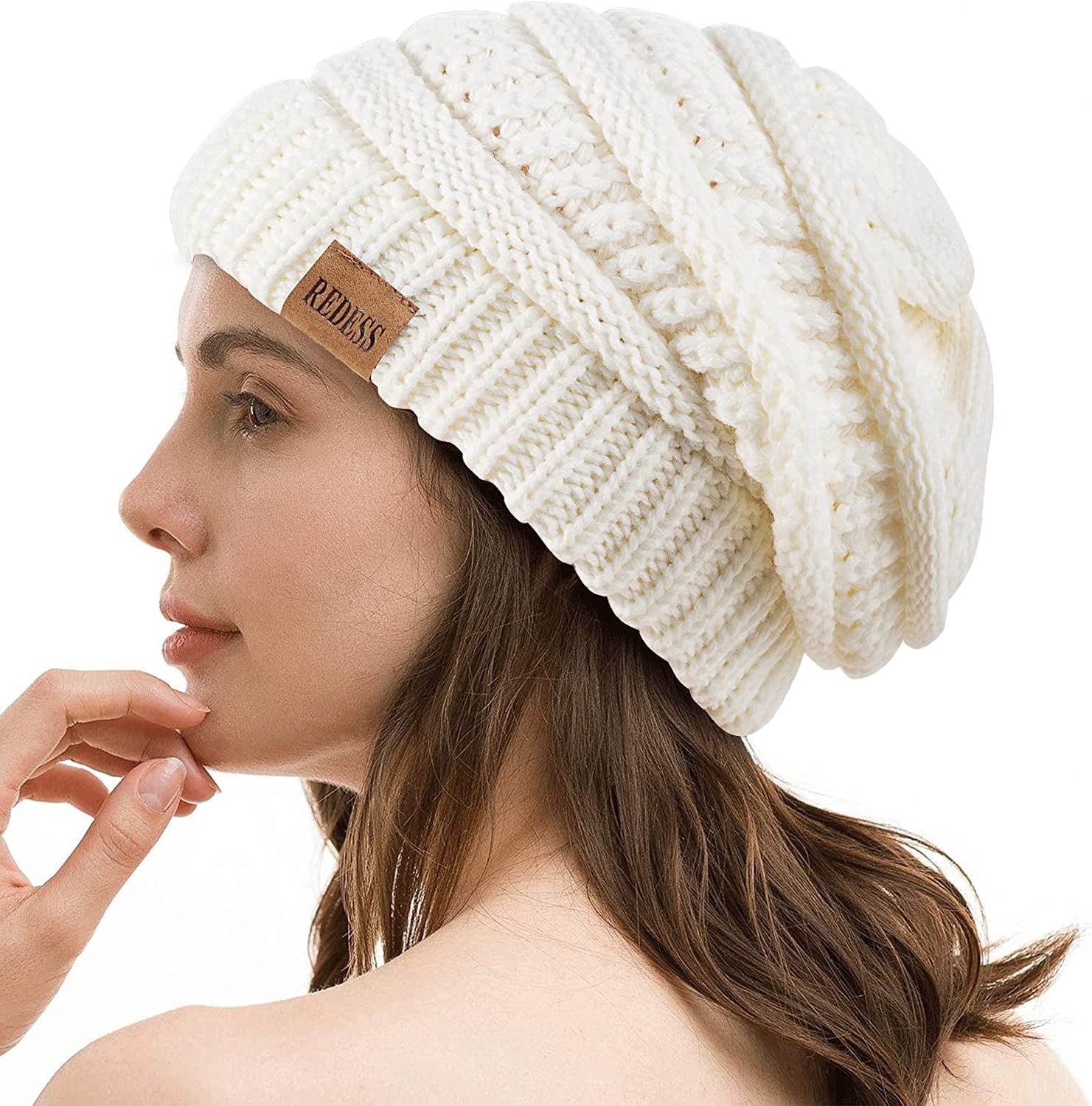 Women\'s White REDESS Slouchy Beanie Chunky Soft Oversized Cable Knit Cap Cream Chunky Cable Knit Cabled Pom Pom Beanie Hat for Women  main image 4