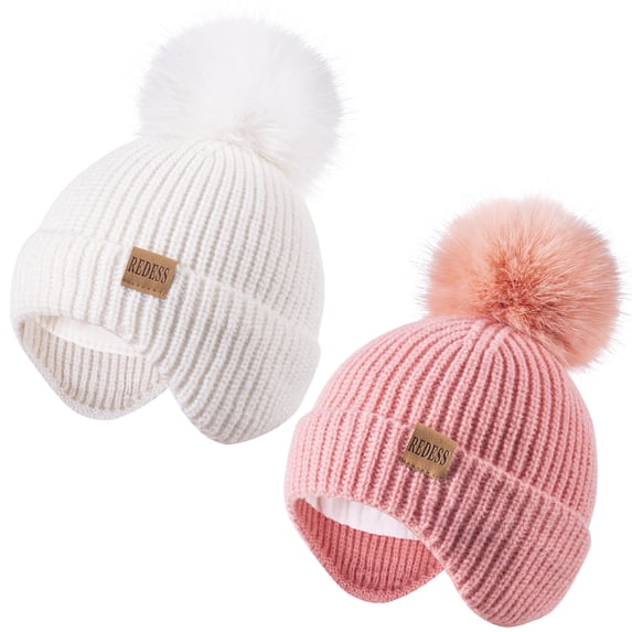 REDESS Toddler Hat with Ear Flaps, Fleece Lined Beanie Hat for Baby 0‑3 Years Old, 2‑Pack Warm Knit Kids Toddler Winter Hat