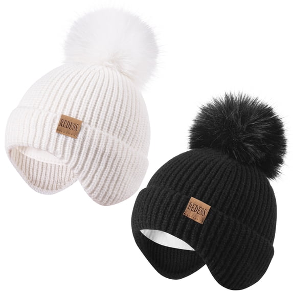 REDESS Toddler Hat with Ear Flaps, Fleece Lined Beanie Hat for Baby 0‑3 Years Old, 2‑Pack Warm Knit Kids Toddler Winter Hat