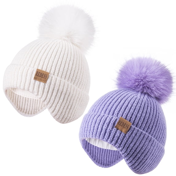 REDESS Toddler Hat with Ear Flaps, Fleece Lined Beanie Hat for Baby 0‑3 Years Old, 2‑Pack Warm Knit Kids Toddler Winter Hat