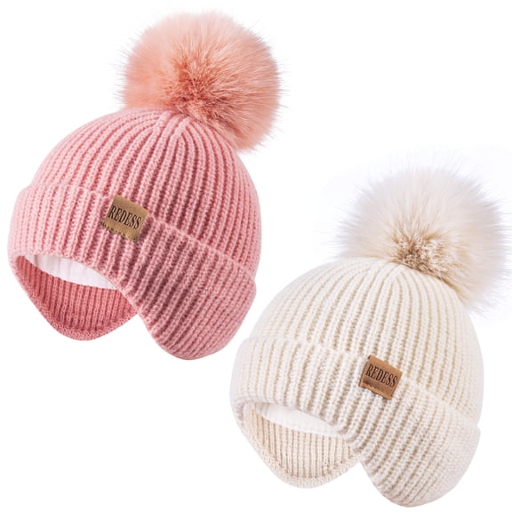 REDESS Toddler Hat with Ear Flaps, Fleece Lined Beanie Hat for Baby 0‑3 Years Old, 2‑Pack Warm Knit Kids Toddler Winter Hat