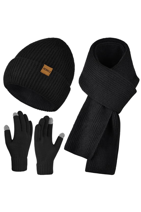 Winter Beanie Hat and Gloves Scarf Set for Men and Women,Black