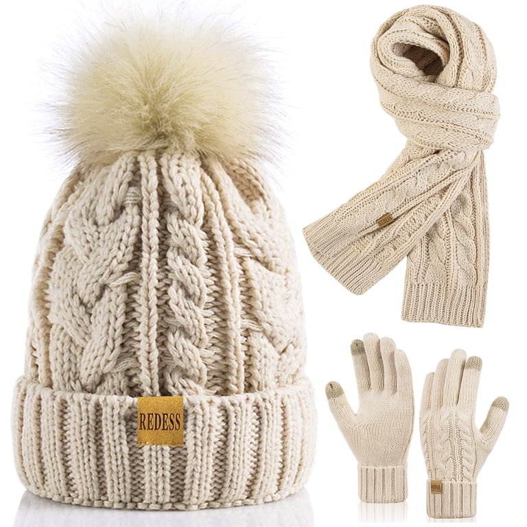Fleece Lined Pom Pom Beanie Scarf Touchscreen Gloves Winter Set Winter Hat and Gloves Set for Women, 3-in-1 Fleece Lined Pom  main image 3