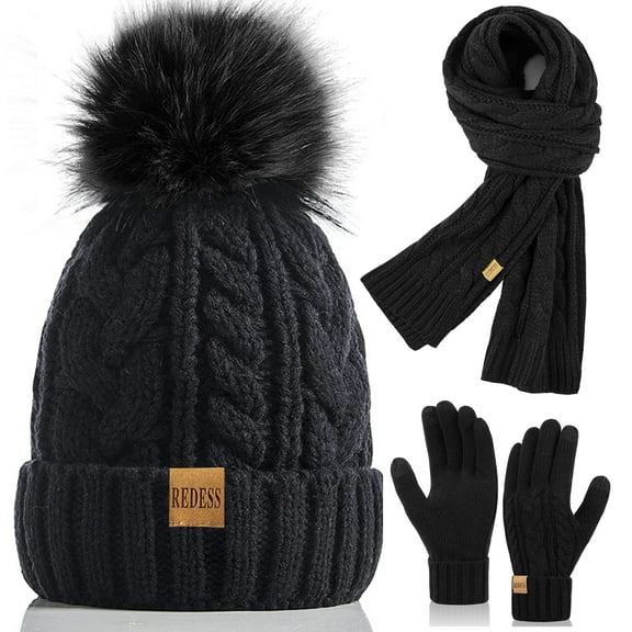 REDESS Winter Beanie Hat Scarf Gloves Set for Women, Fleece Lined Winter Hat with Pom Pom, Long Knit Scarf Touchscreen Gloves for Cold Weather