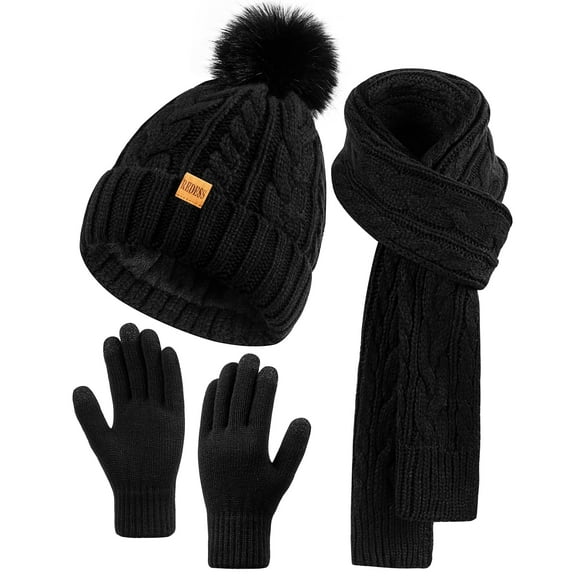 REDESS Winter Beanie Hat Scarf Gloves Set for Women,Fleece Lined Winter Scarfs Hats Gloves Sets,Black