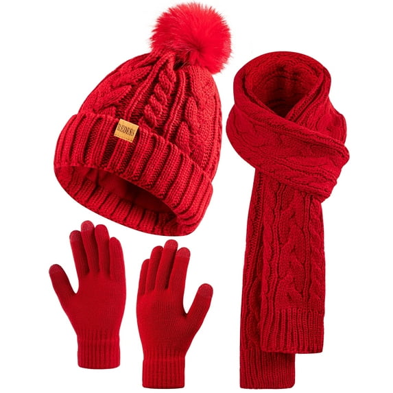 REDESS Winter Beanie Hat Scarf Gloves Set for Women,Fleece Lined Winter Scarfs Hats Gloves Sets,Red