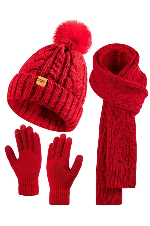 Winter Beanie Hat Scarf Gloves Set for Women,Fleece Lined Winter Scarfs Hats Gloves Sets,Red