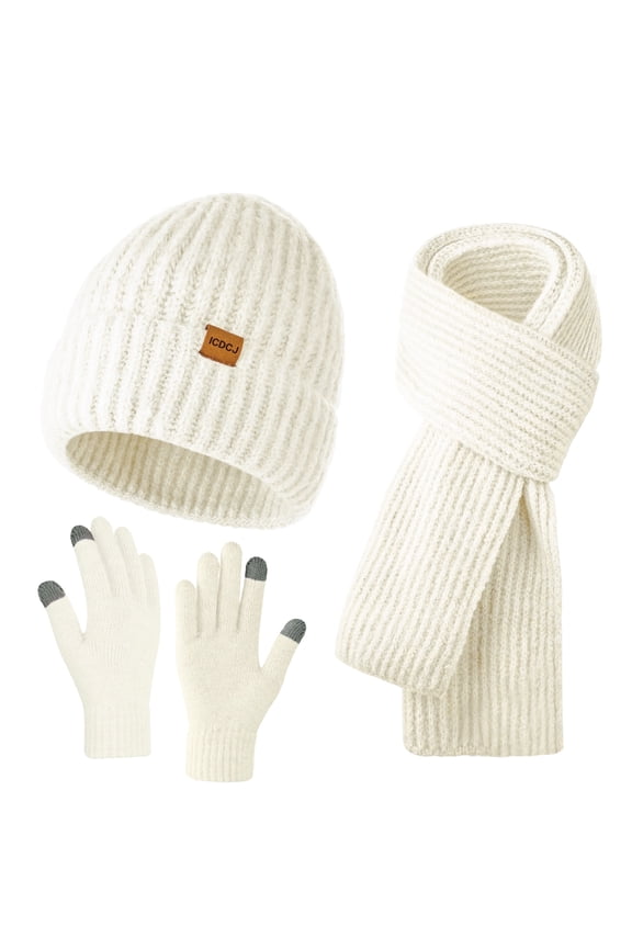 Winter Beanie Hat Scarf and Gloves Set for Men and Women,White