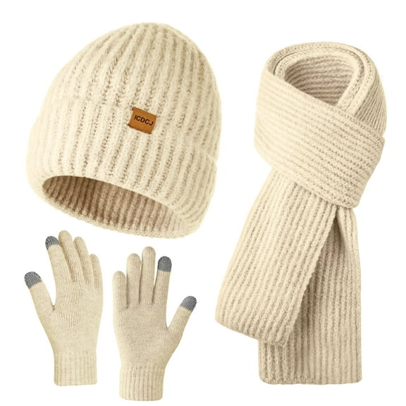 REDESS Winter Beanie Hat Scarf and Gloves Set for Men and Women,Beige
