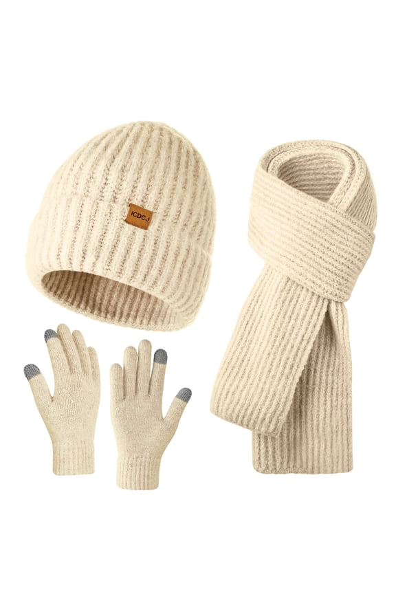 Winter Beanie Hat Scarf and Gloves Set for Men and Women,Beige