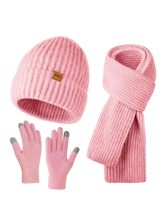 Winter Beanie Hat Scarf and Gloves Set for Men and Women,Pink