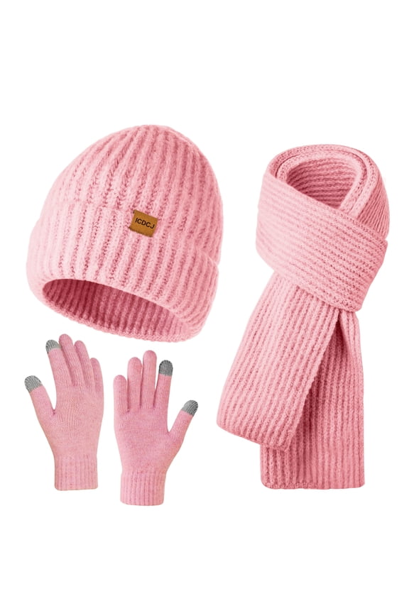 Winter Beanie Hat Scarf and Gloves Set for Men and Women,Pink