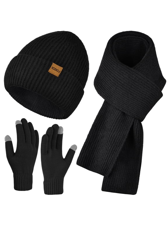 Winter Beanie Hat and Gloves Scarf Set for Men and Women,Black