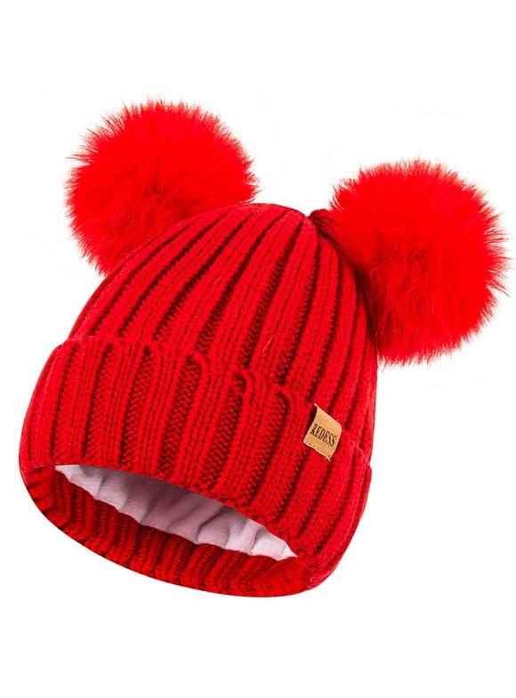 Winter Beanie Hat for Women with Warm Fleece Lined, Thick Slouchy Knit Skull Ski Cap-Red
