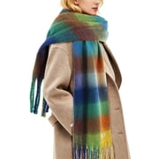 REDESS Winter Scarf for Women Soft Plaid Pattern Cozy Warm Tassel Blanket Shawl Wrap,Plaid Blue