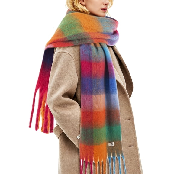 REDESS Winter Scarf for Women Soft Plaid Pattern Cozy Warm Tassel Blanket Shawl Wrap,Plaid Red