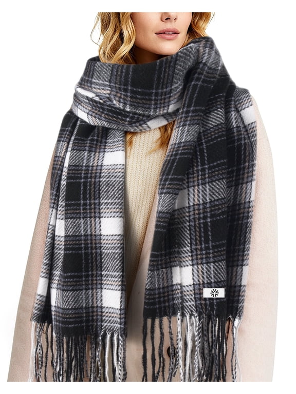 Winter Scarves for Men and Women Soft Plaid Pattern Cozy Warm Tassel Shawl Wrap, Plaid Black